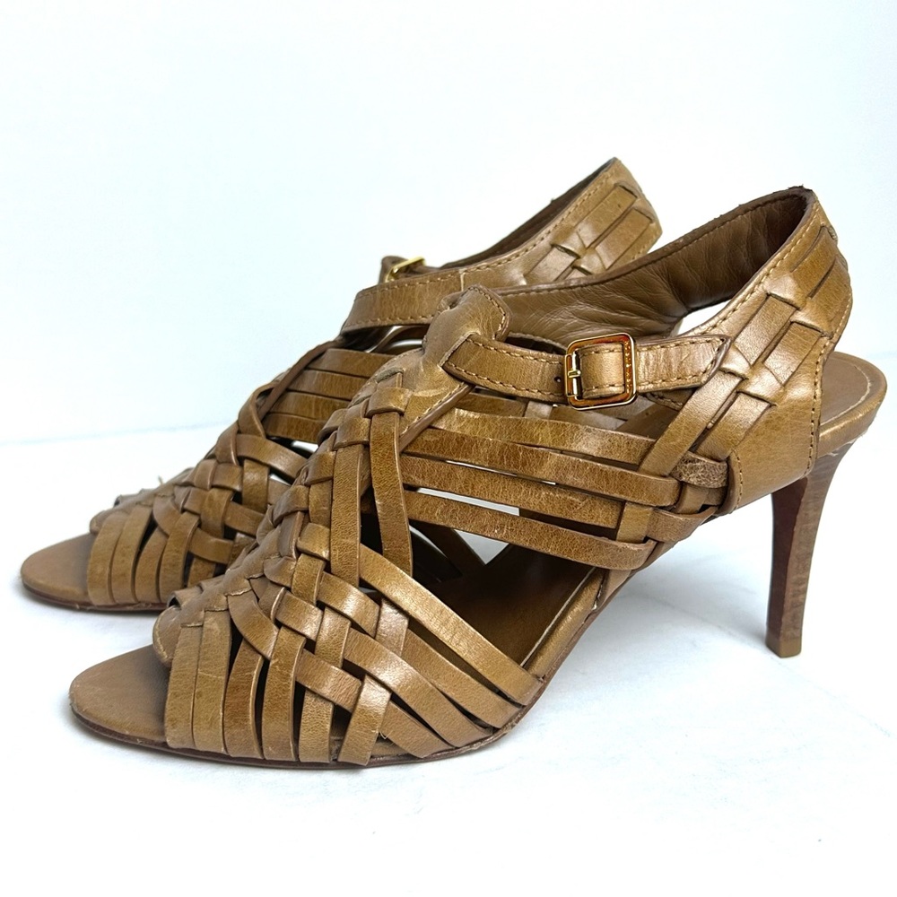 ❗️Tory Burch Tan Leather Strappy Woven Summer Heels Size 6
